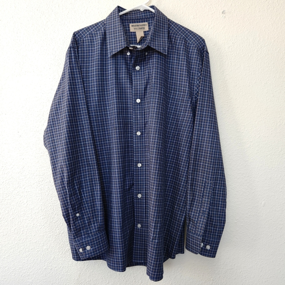 Duluth Wrinkle Fighter Navy Tan White Plaid Men's Shirt Size Large NWOT